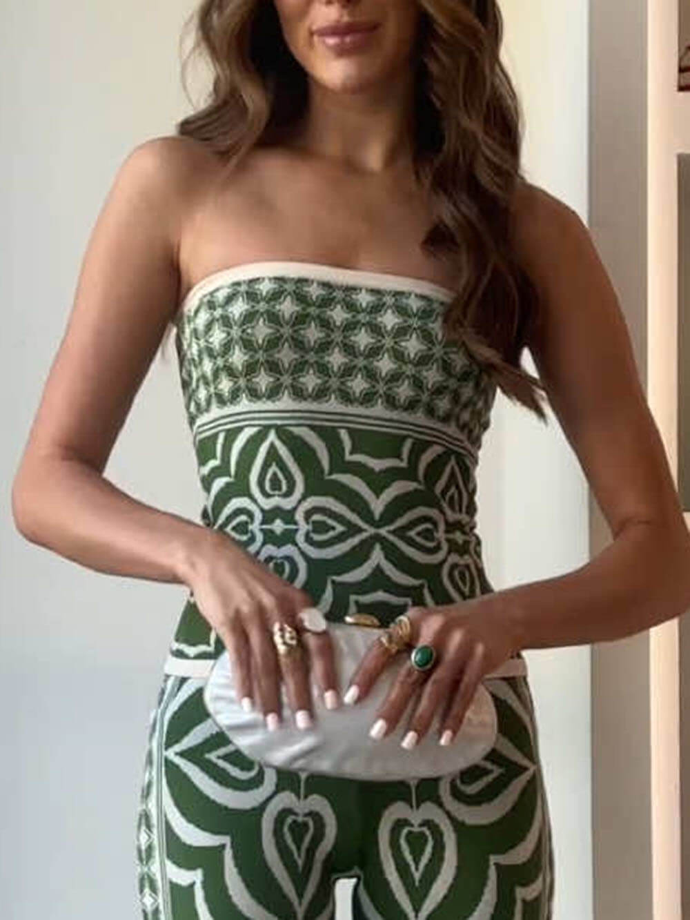 Springtime Strapless Fitted Knit Jacquard Bandeau Top Green