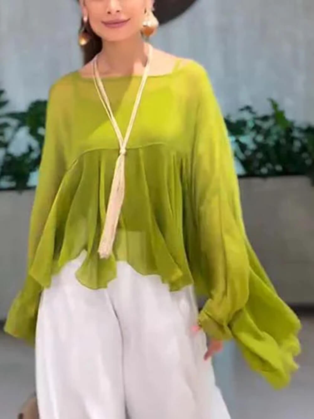 Elegant Romantic Journey Chiffon Ruffle Batwing Sleeve Top Green