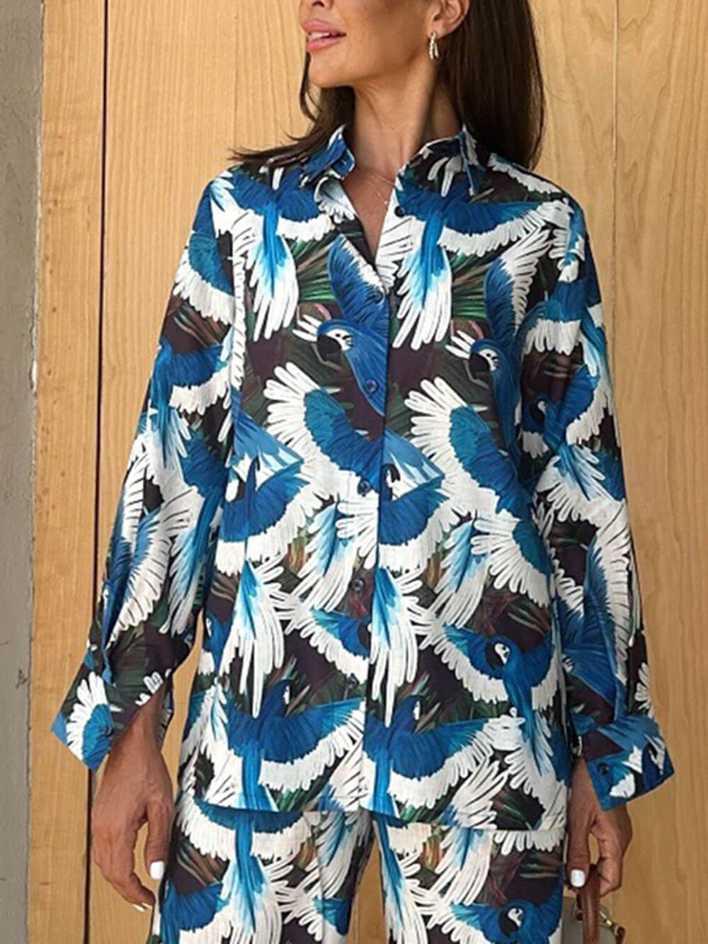 Unique Printed Button-Up Casual Long-Sleeve Shirt Blue