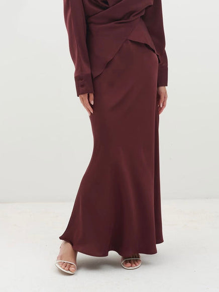 Elegant Draped Satin Mermaid Maxi Skirt Deep Red