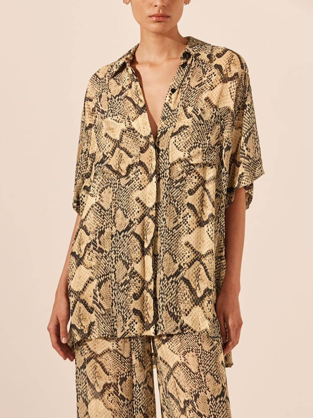 Modern Feel Satin Unique Snake Print Button Down Loose Shirt Brown