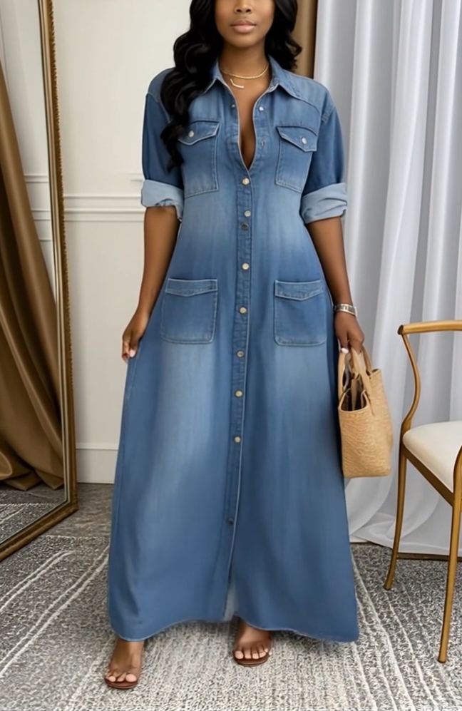 Ladies' Lapel Wash Water Splicing Pocket Casual Denim Dress