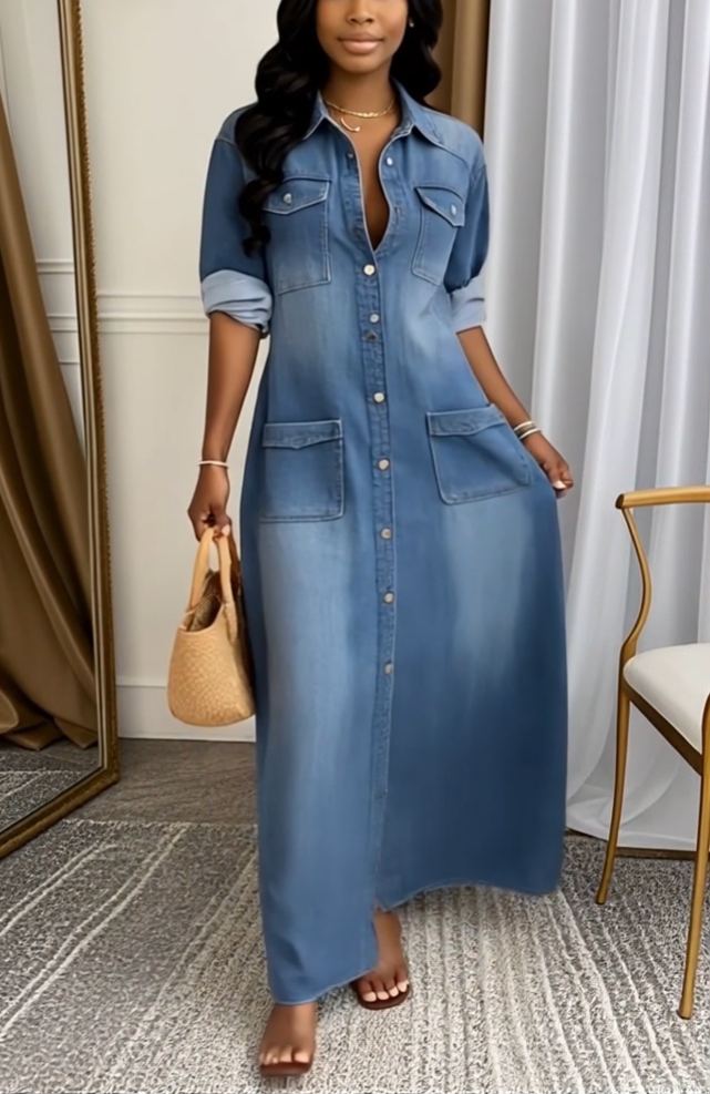 Ladies' Lapel Wash Water Splicing Pocket Casual Denim Dress