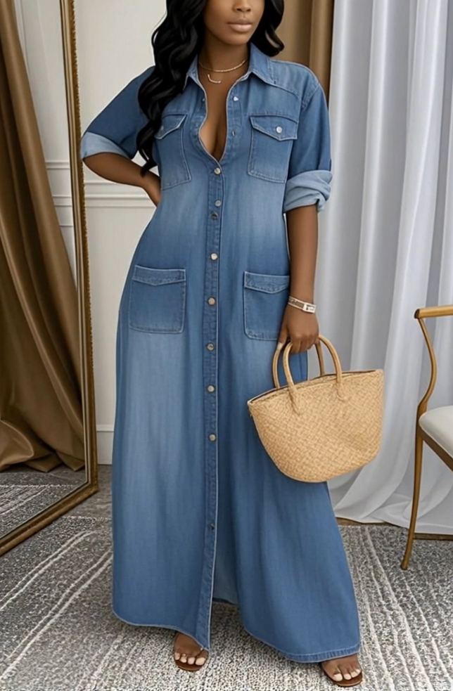 Ladies' Lapel Wash Water Splicing Pocket Casual Denim Dress
