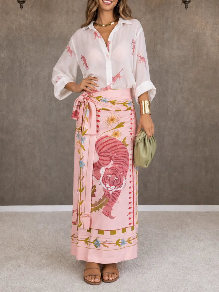 Vintage Bold Print Shirt & Lace-Up Skirt Two-Piece Set