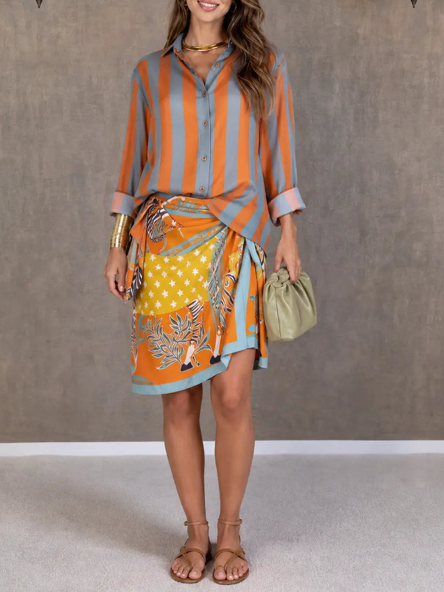 Vintage Bold Print Shirt & Lace-Up Skirt Two-Piece Set