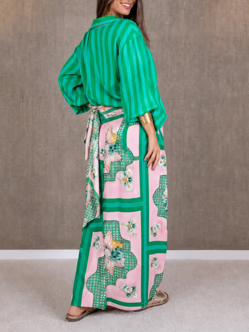 Vintage Bold Print Shirt & Lace-Up Skirt Two-Piece Set