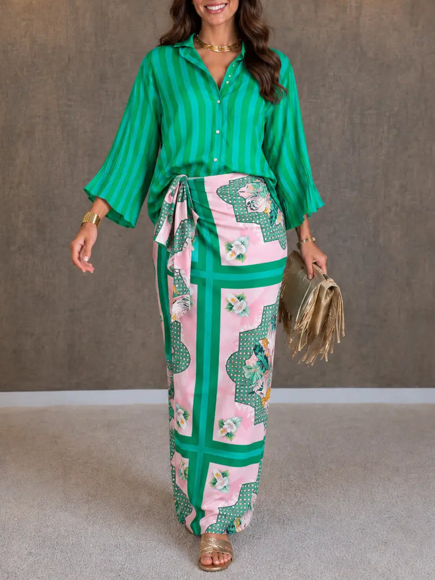 Vintage Bold Print Shirt & Lace-Up Skirt Two-Piece Set