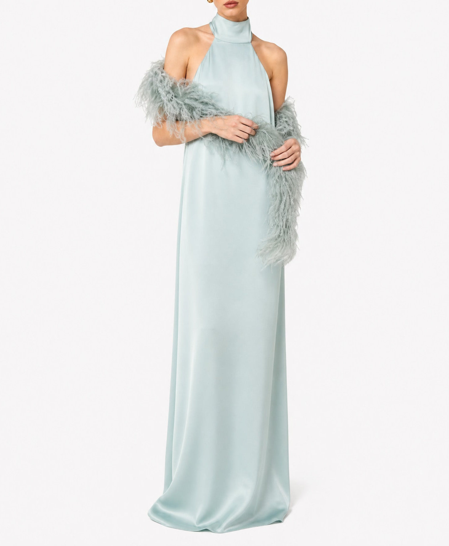 Elegant Halter Neck Satin Gown With Feather Trim