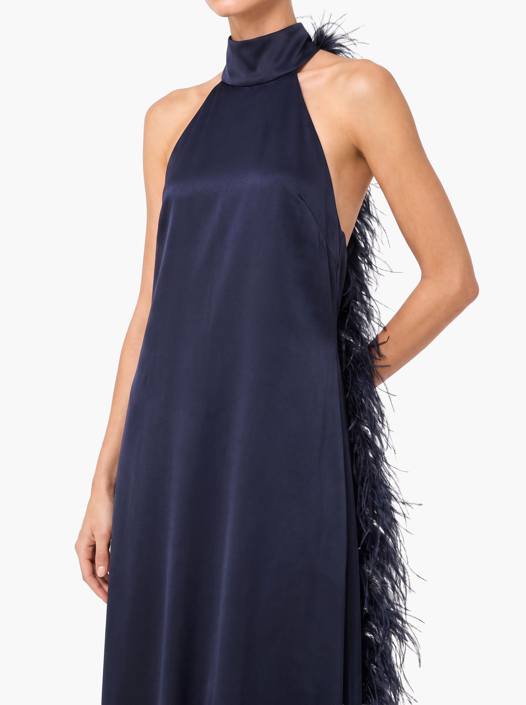 Elegant Halter Neck Satin Gown With Feather Trim