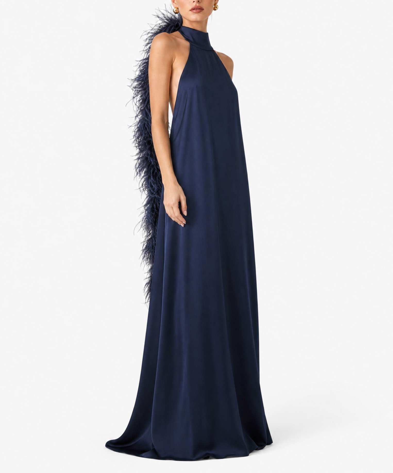 Elegant Halter Neck Satin Gown With Feather Trim