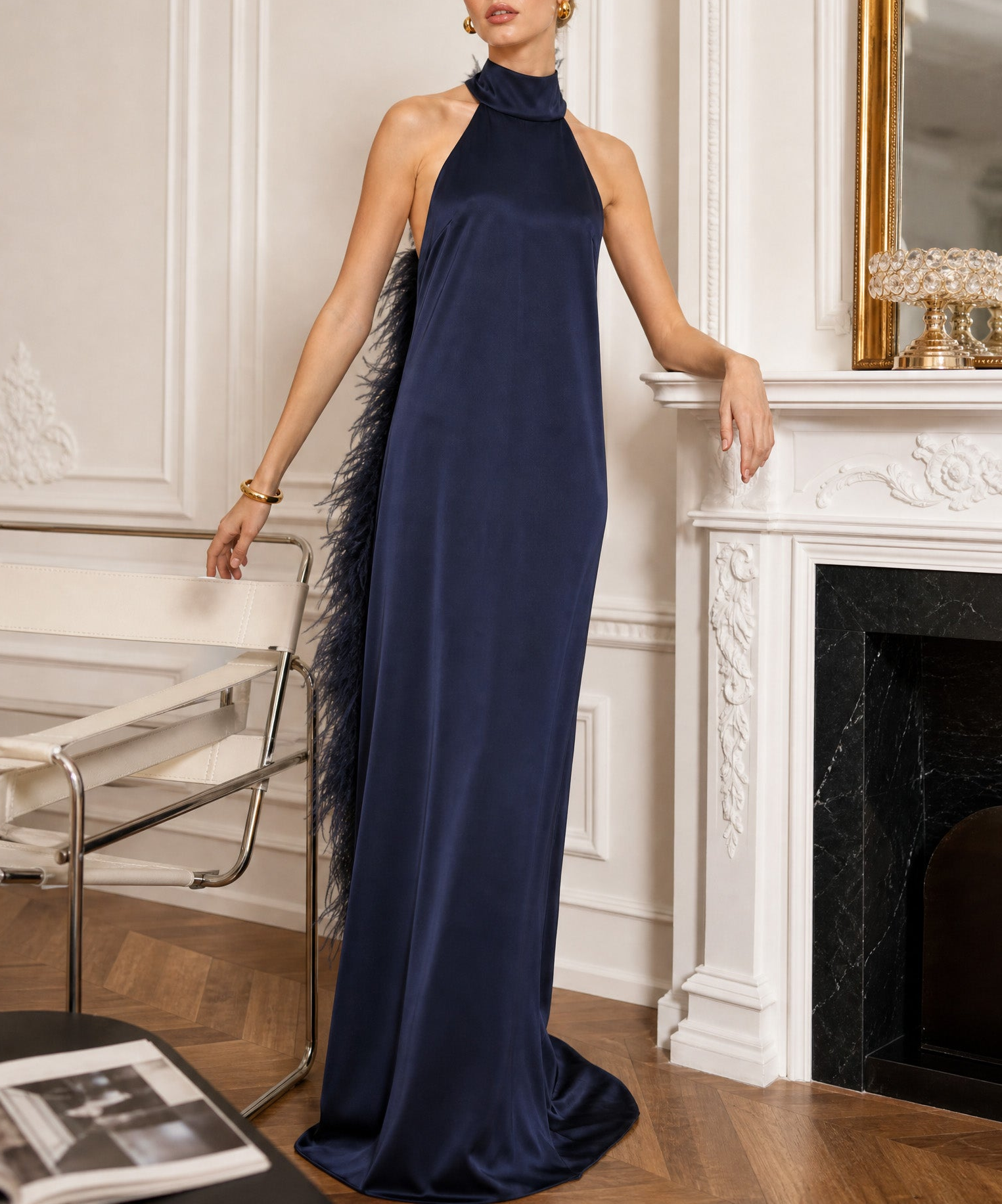 Elegant Halter Neck Satin Gown With Feather Trim