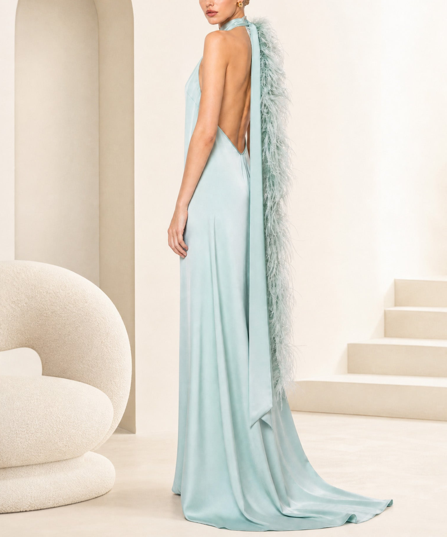 Elegant Halter Neck Satin Gown With Feather Trim