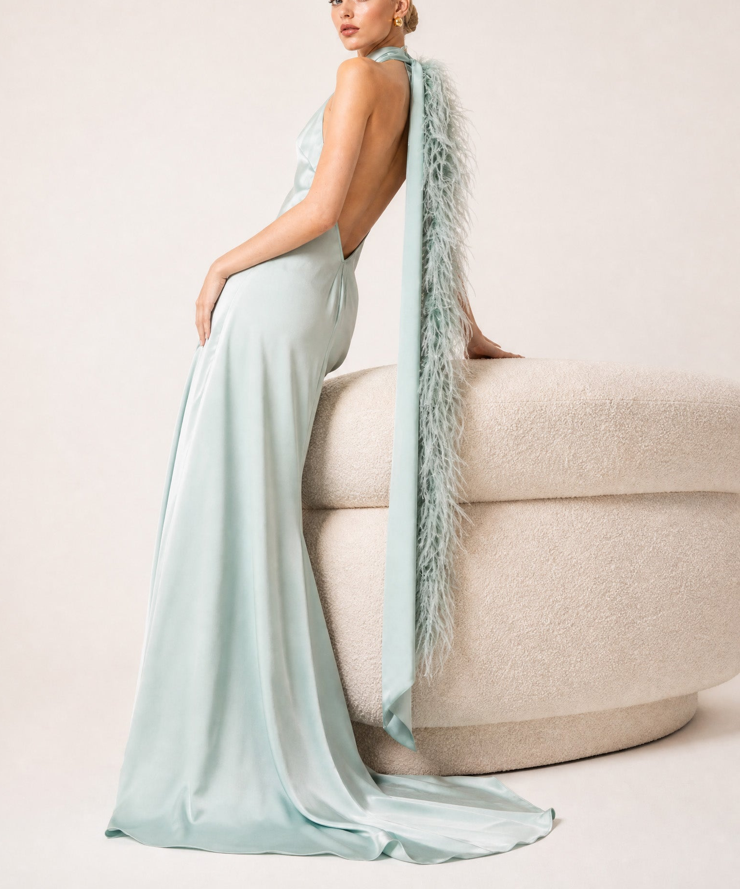 Elegant Halter Neck Satin Gown With Feather Trim