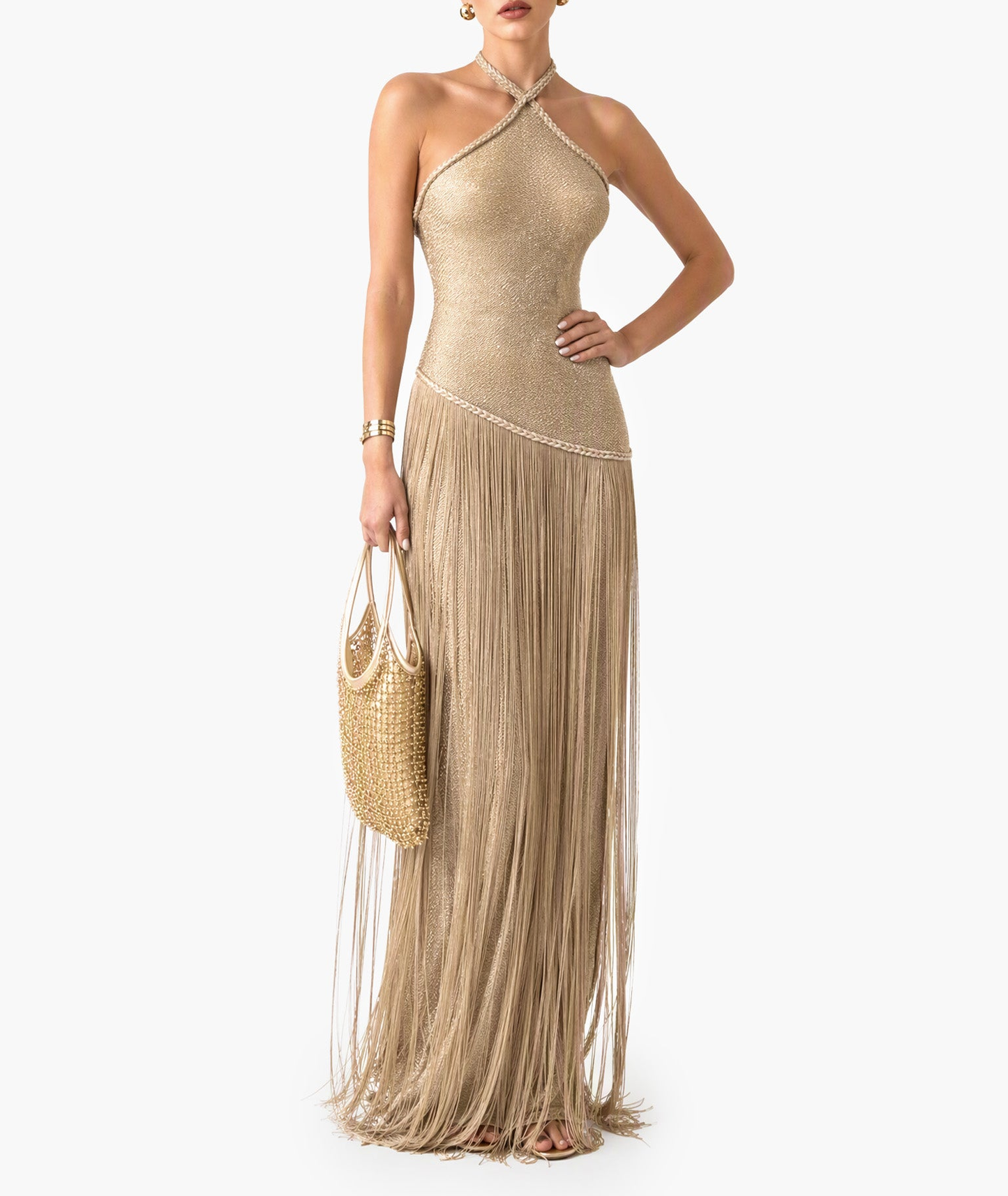 Glamorous Gold Halter Neck Fringe Maxi Dress