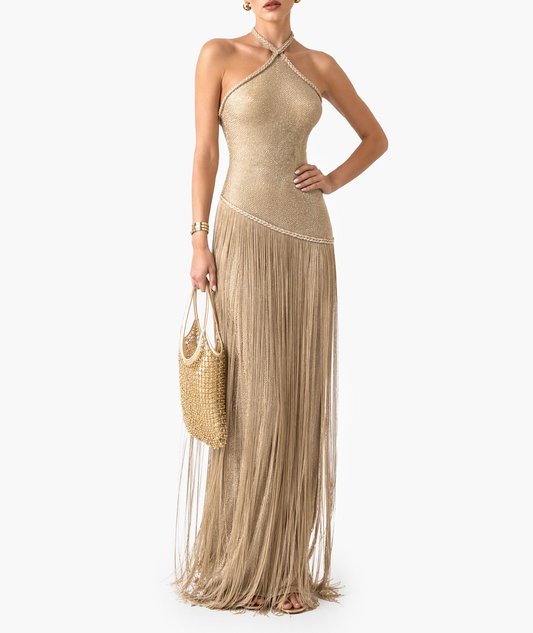 Glamorous Gold Halter Neck Fringe Maxi Dress