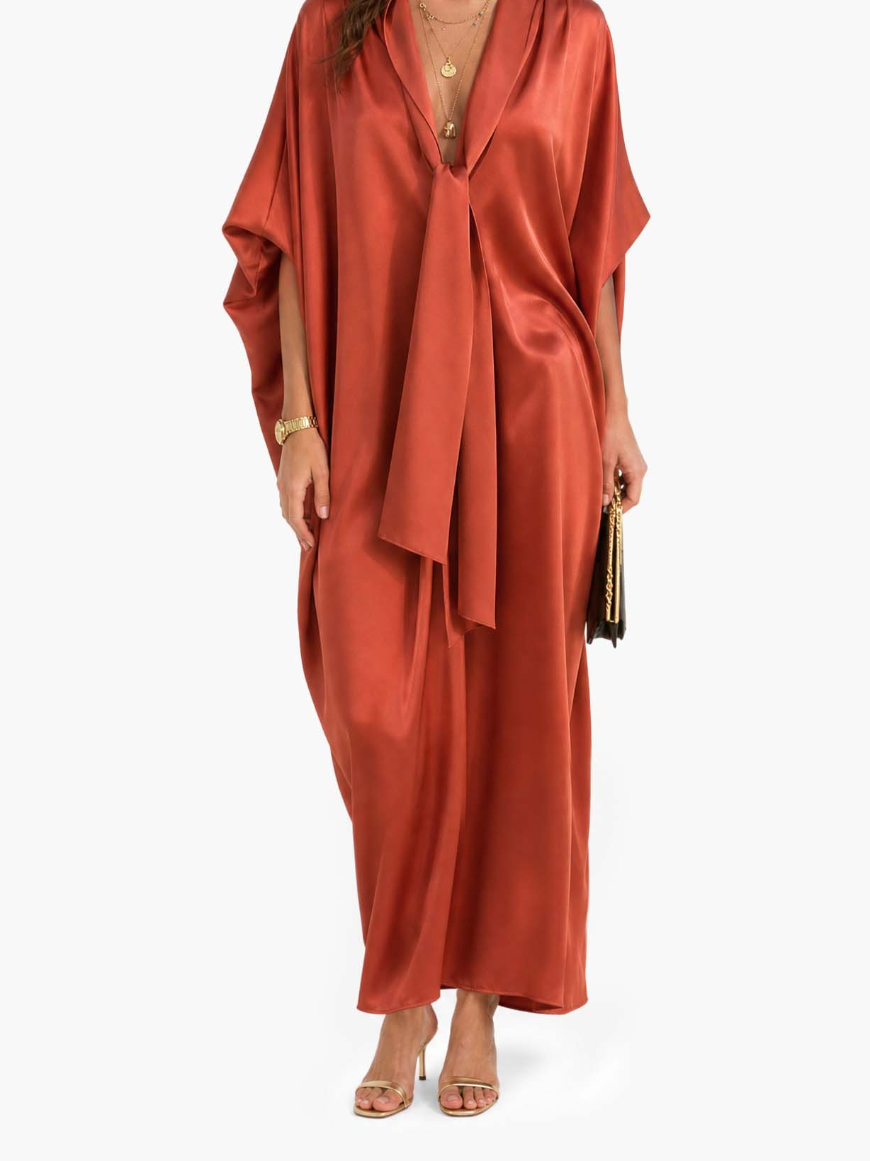 Ochre Silk Wrap Caftan Dress – Bohemian Luxe Resort Wear With V-Neck & Draped Tie Front