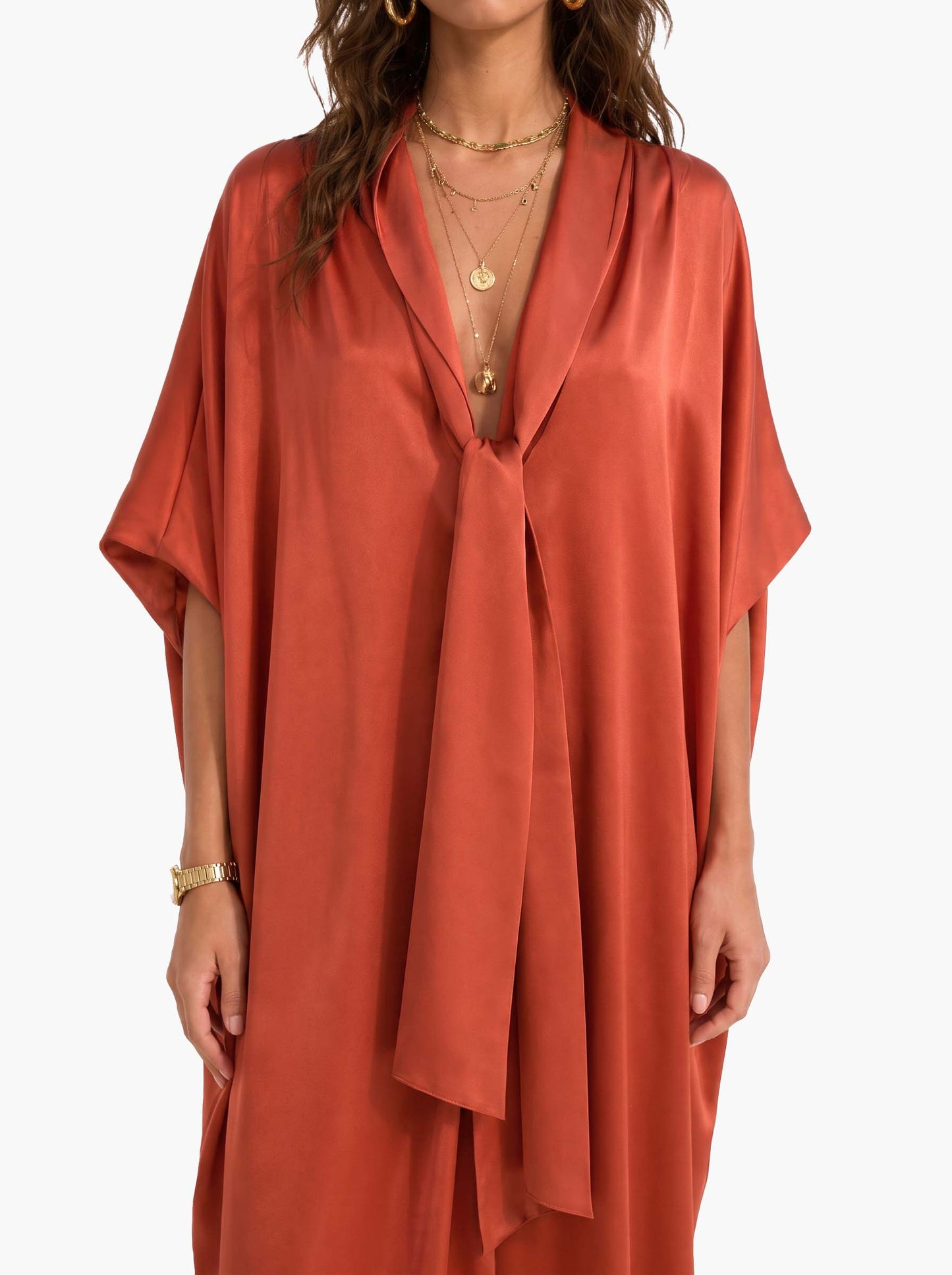 Ochre Silk Wrap Caftan Dress – Bohemian Luxe Resort Wear With V-Neck & Draped Tie Front