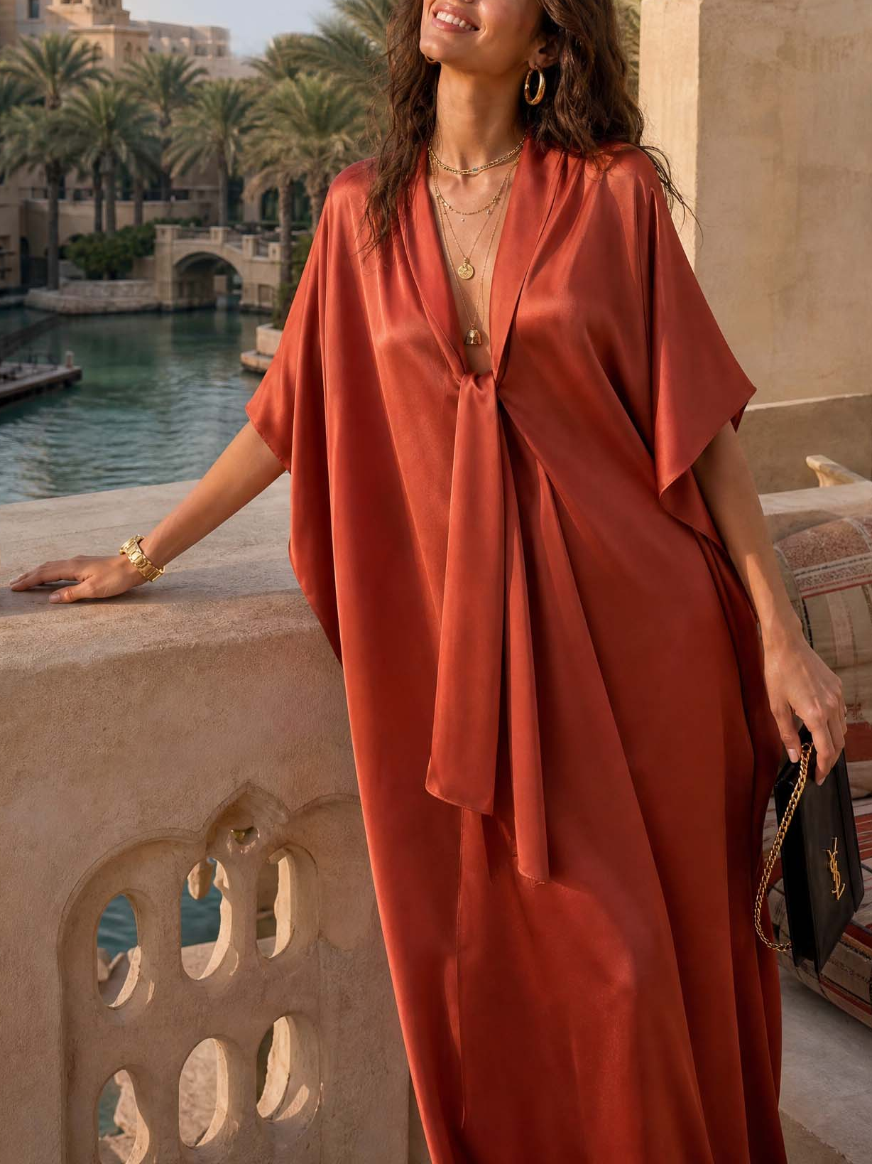 Ochre Silk Wrap Caftan Dress – Bohemian Luxe Resort Wear With V-Neck & Draped Tie Front