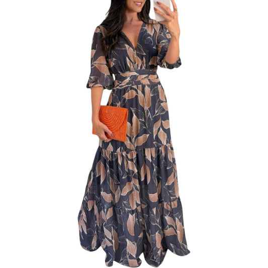 Aísha Long Floral Dress with Flowing Cut and Leaf Motif