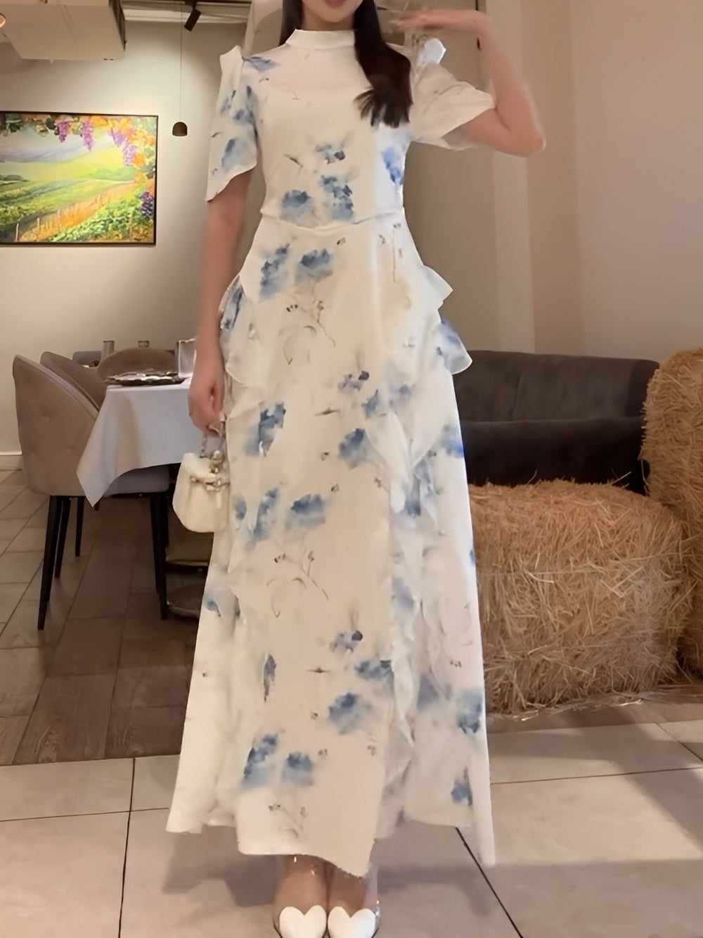 Palace style ruffled print dress