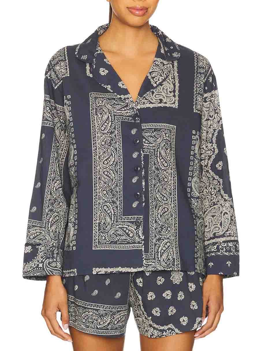 Retro Paisley Print Shorts And Long-Sleeved Shirt Two-Piece Set Dark Blue