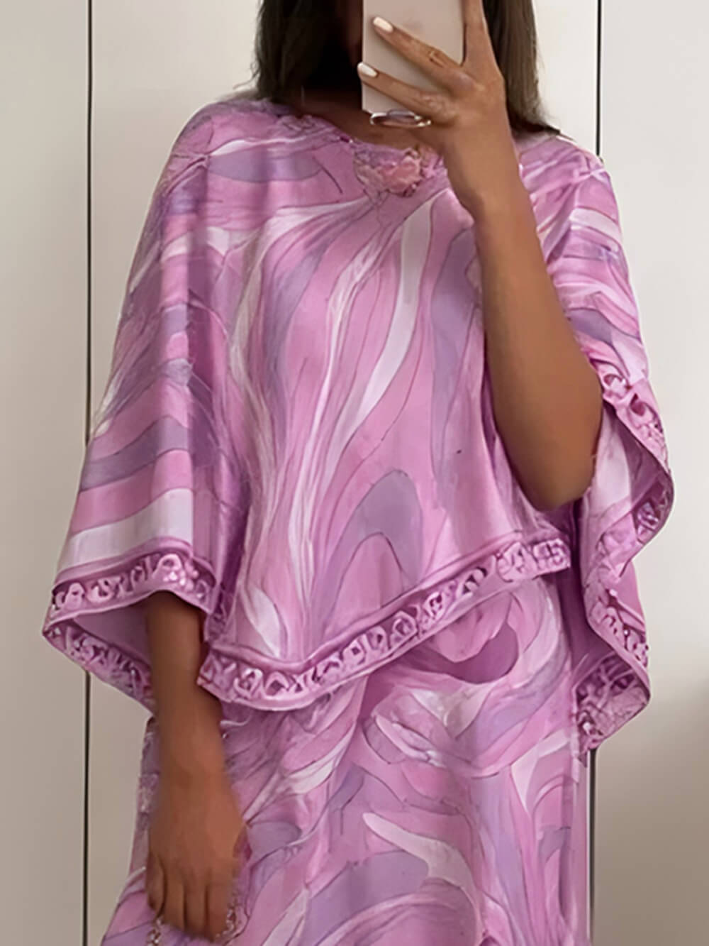 Casual Satin Placement Print Cape Top Purple