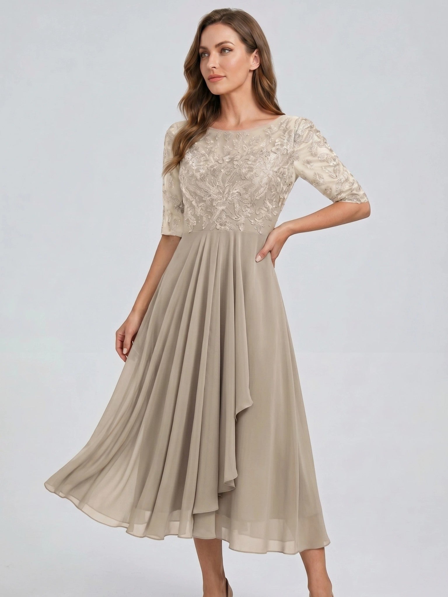 Juliette — Elegant Lace Midi Evening Dress With Flattering Flowing Skirt Beige