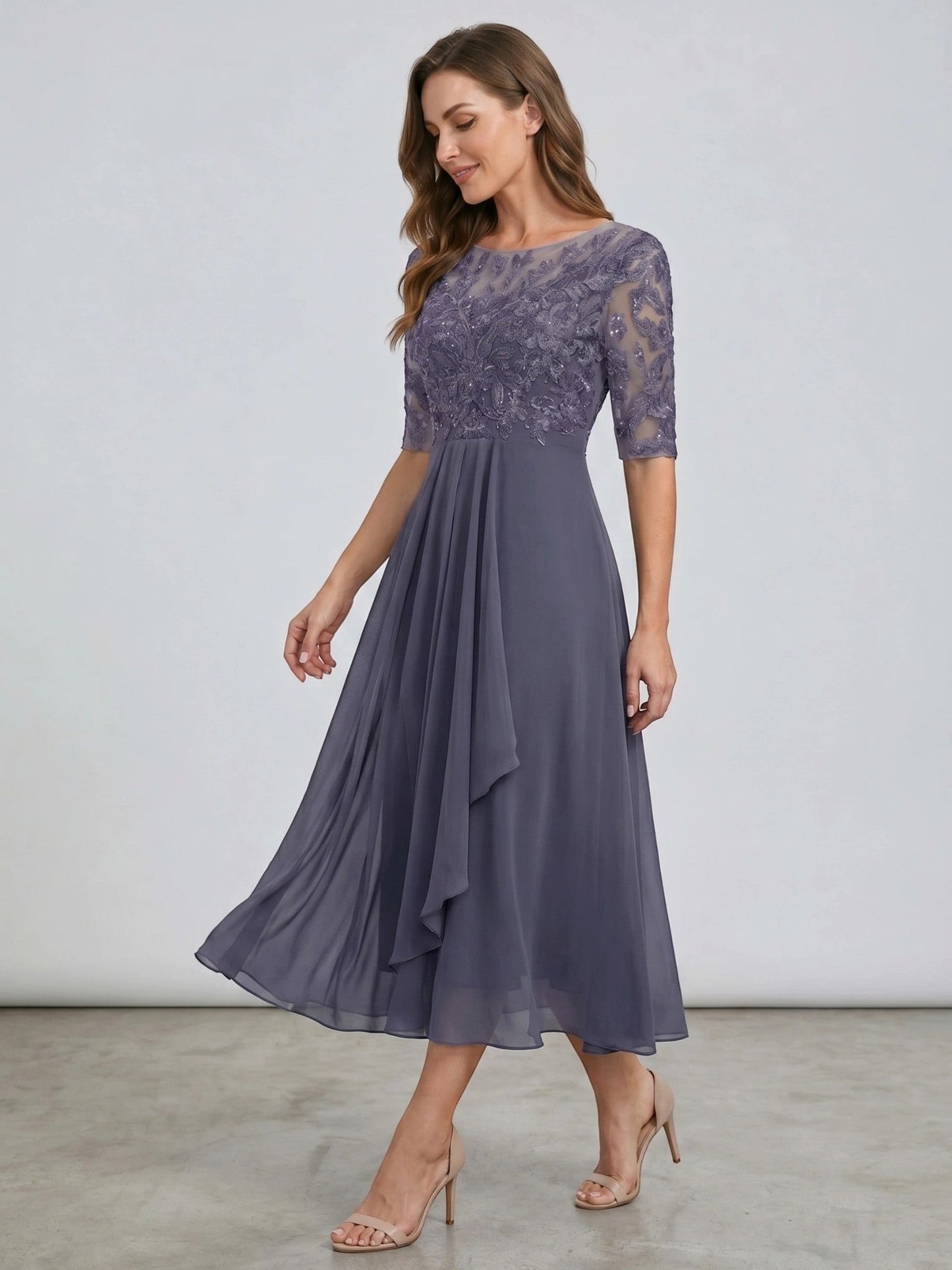 Juliette — Elegant Lace Midi Evening Dress With Flattering Flowing Skirt grey