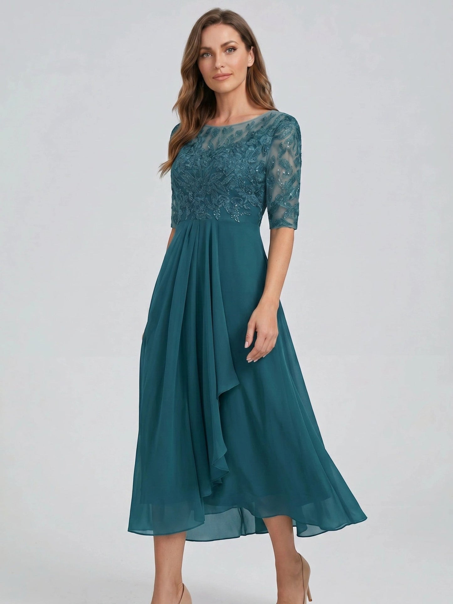 Juliette — Elegant Lace Midi Evening Dress With Flattering Flowing Skirt turquoise