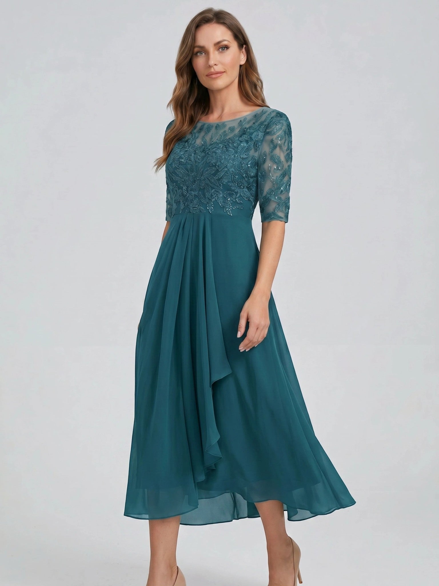 Juliette — Elegant Lace Midi Evening Dress With Flattering Flowing Skirt turquoise