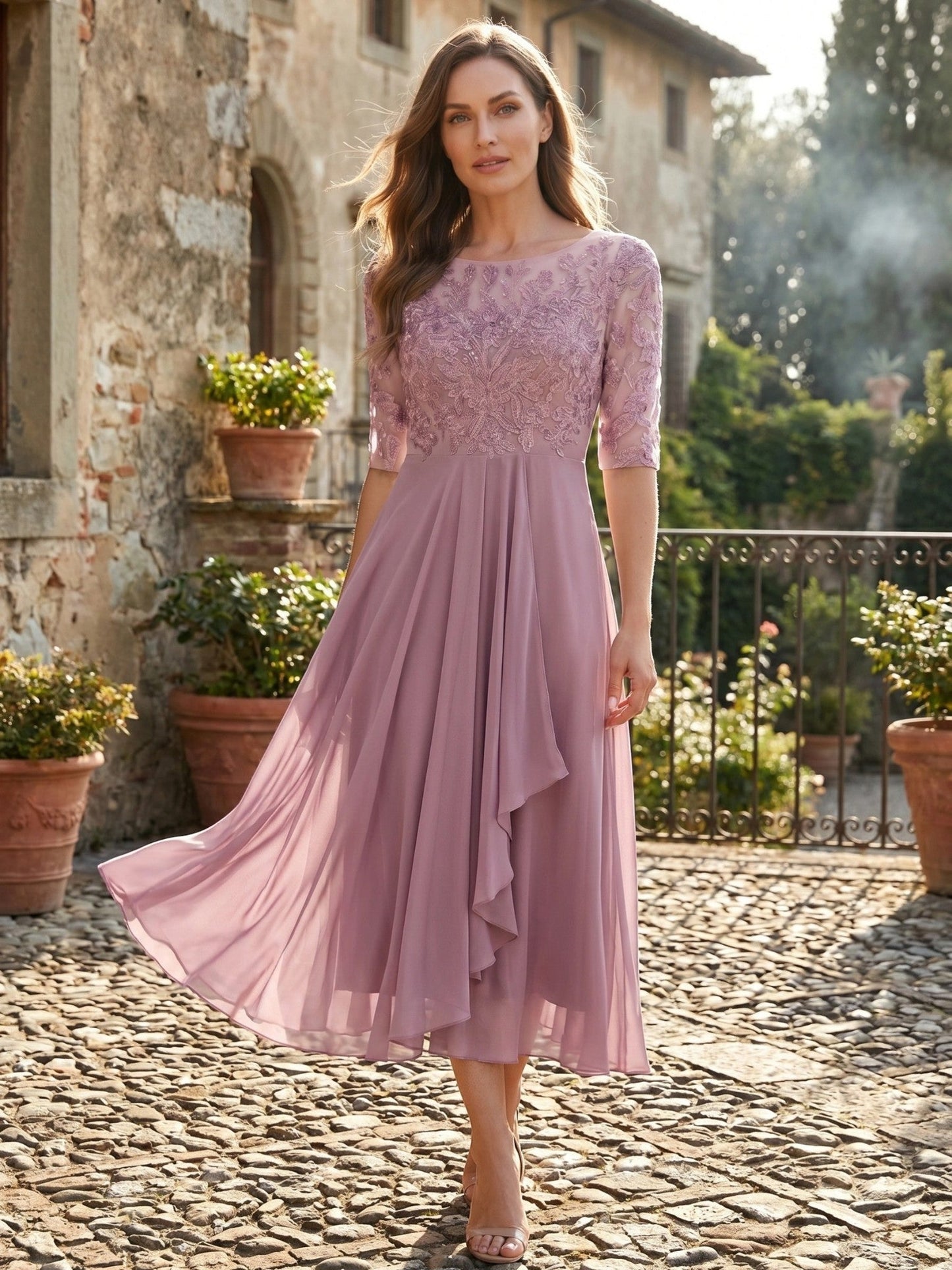 Juliette — Elegant Lace Midi Evening Dress With Flattering Flowing Skirt