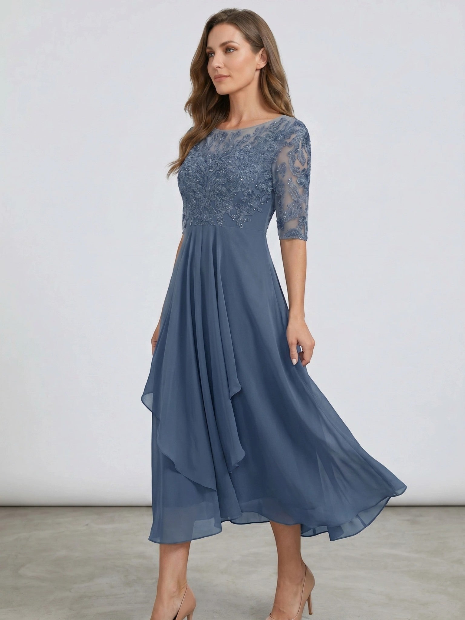 Juliette — Elegant Lace Midi Evening Dress With Flattering Flowing Skirt blue