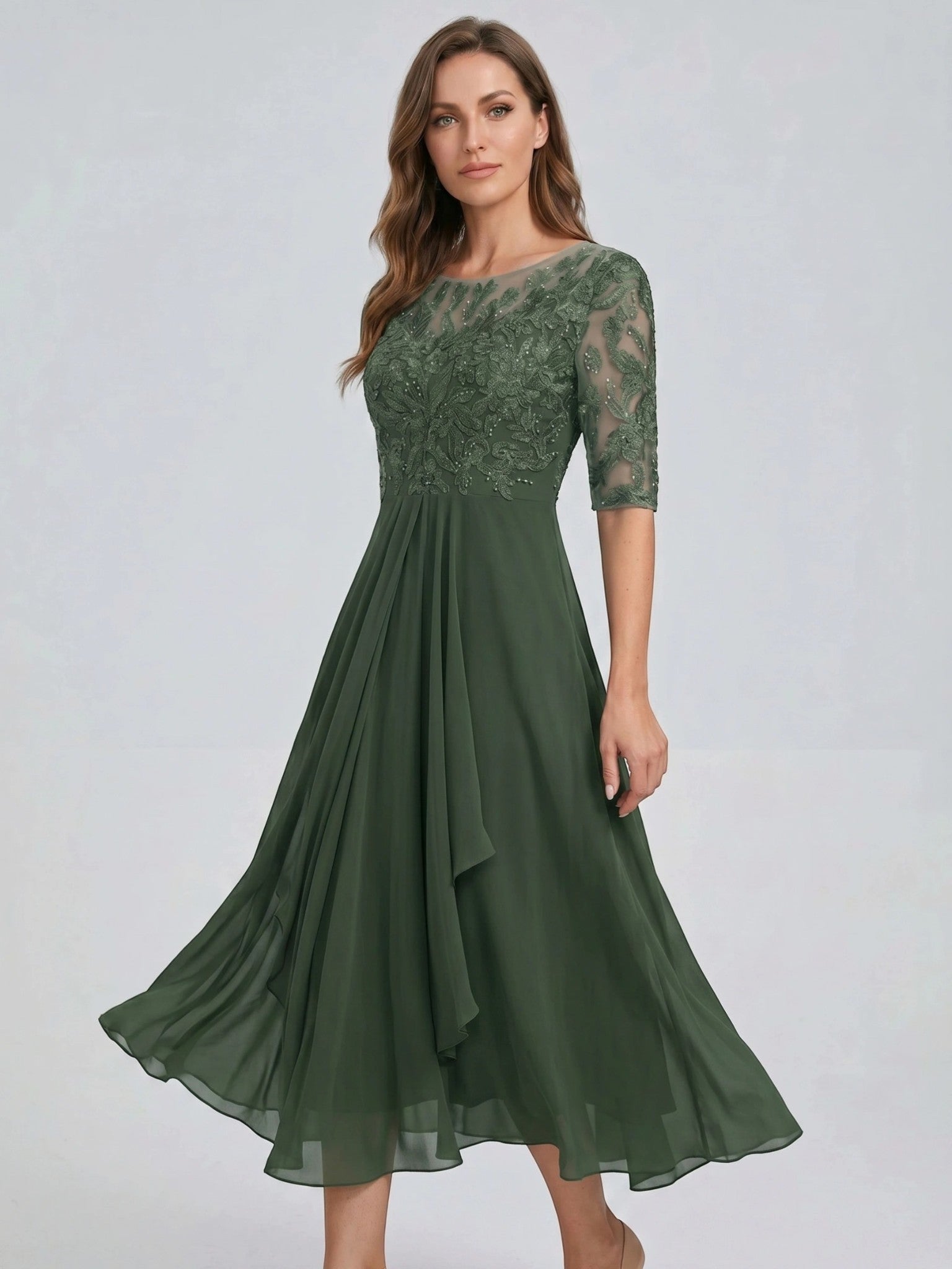 Juliette — Elegant Lace Midi Evening Dress With Flattering Flowing Skirt olive