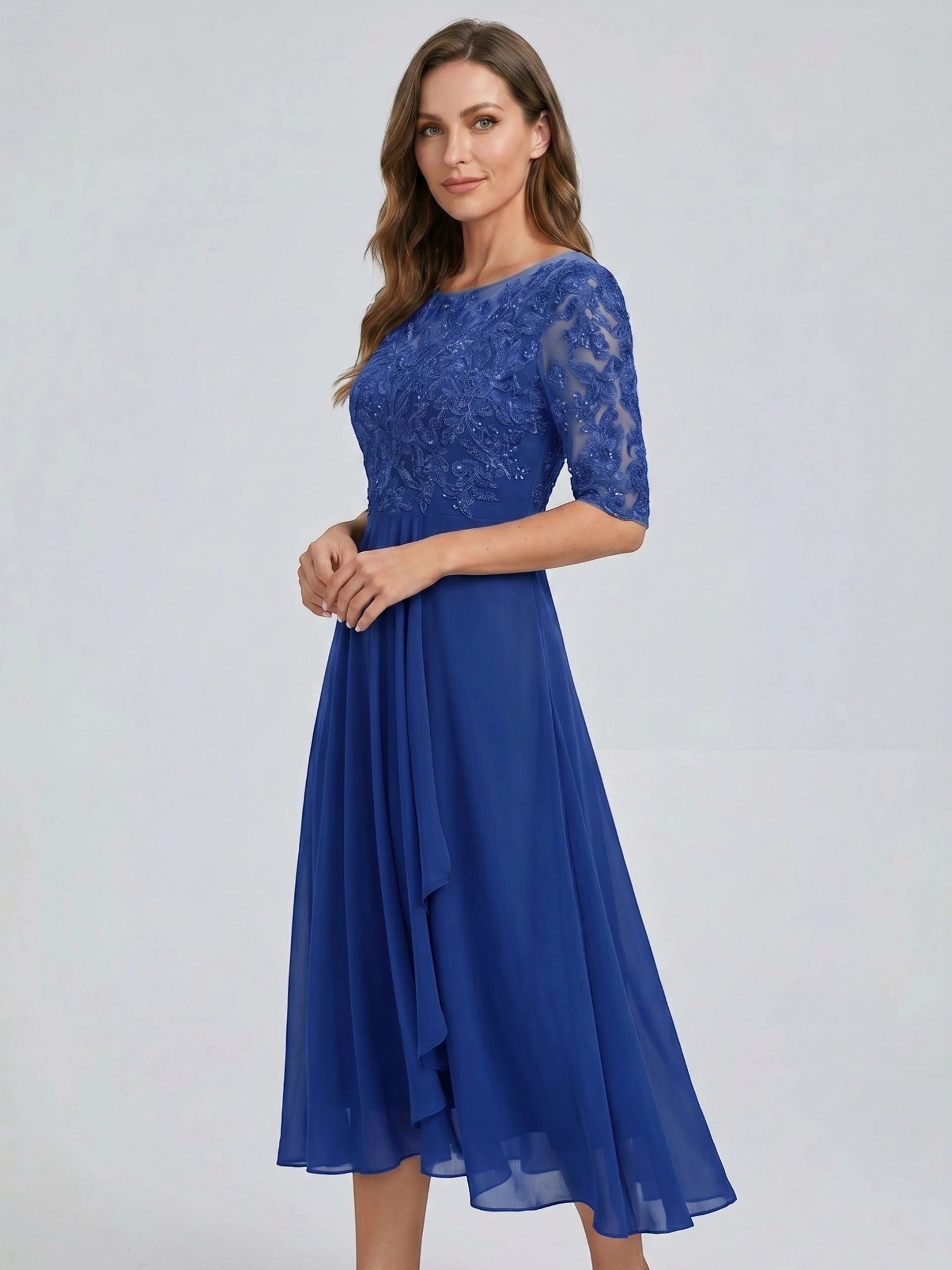 Juliette — Elegant Lace Midi Evening Dress With Flattering Flowing Skirt Dark Blue