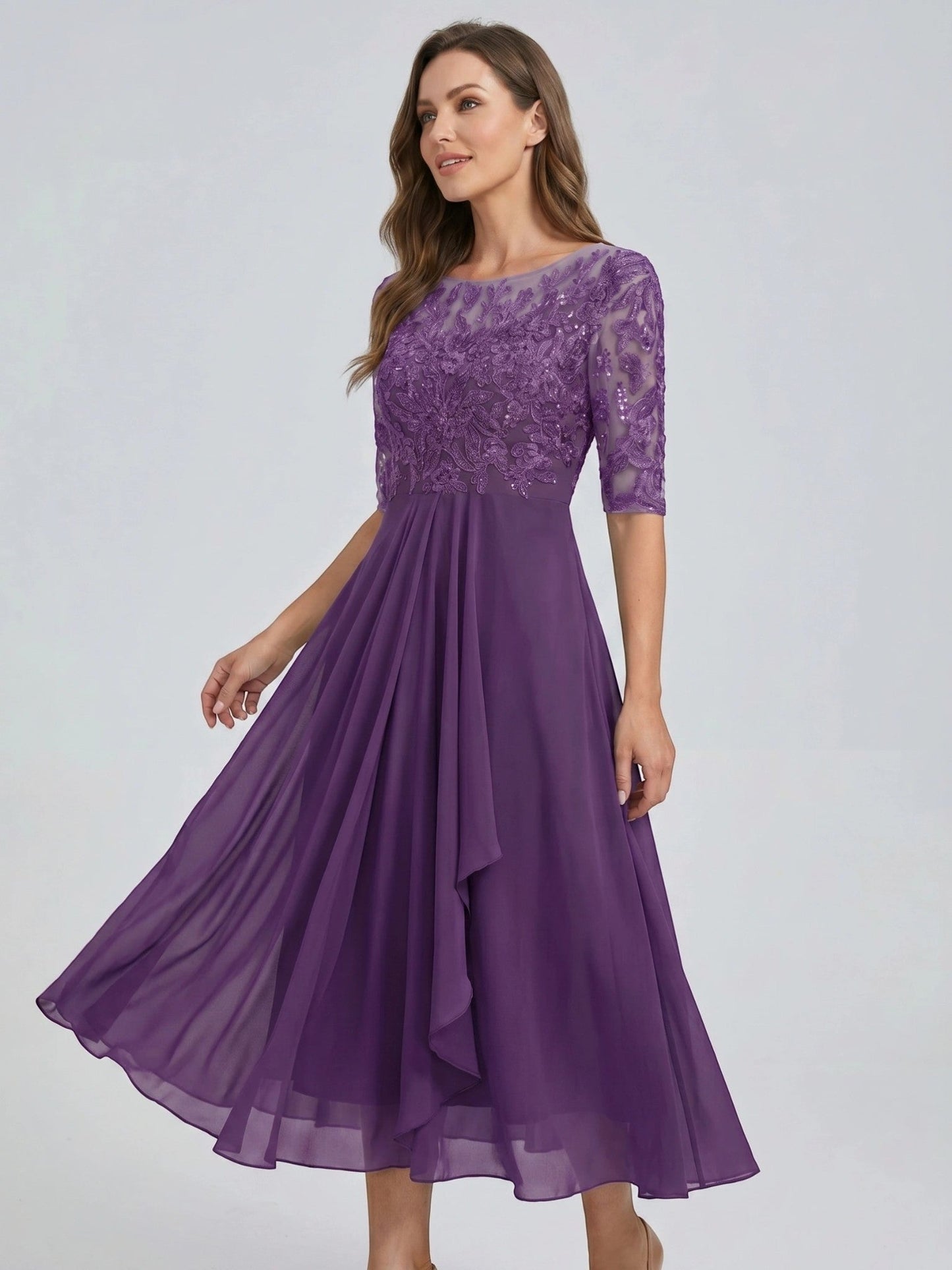 Juliette — Elegant Lace Midi Evening Dress With Flattering Flowing Skirt Purple