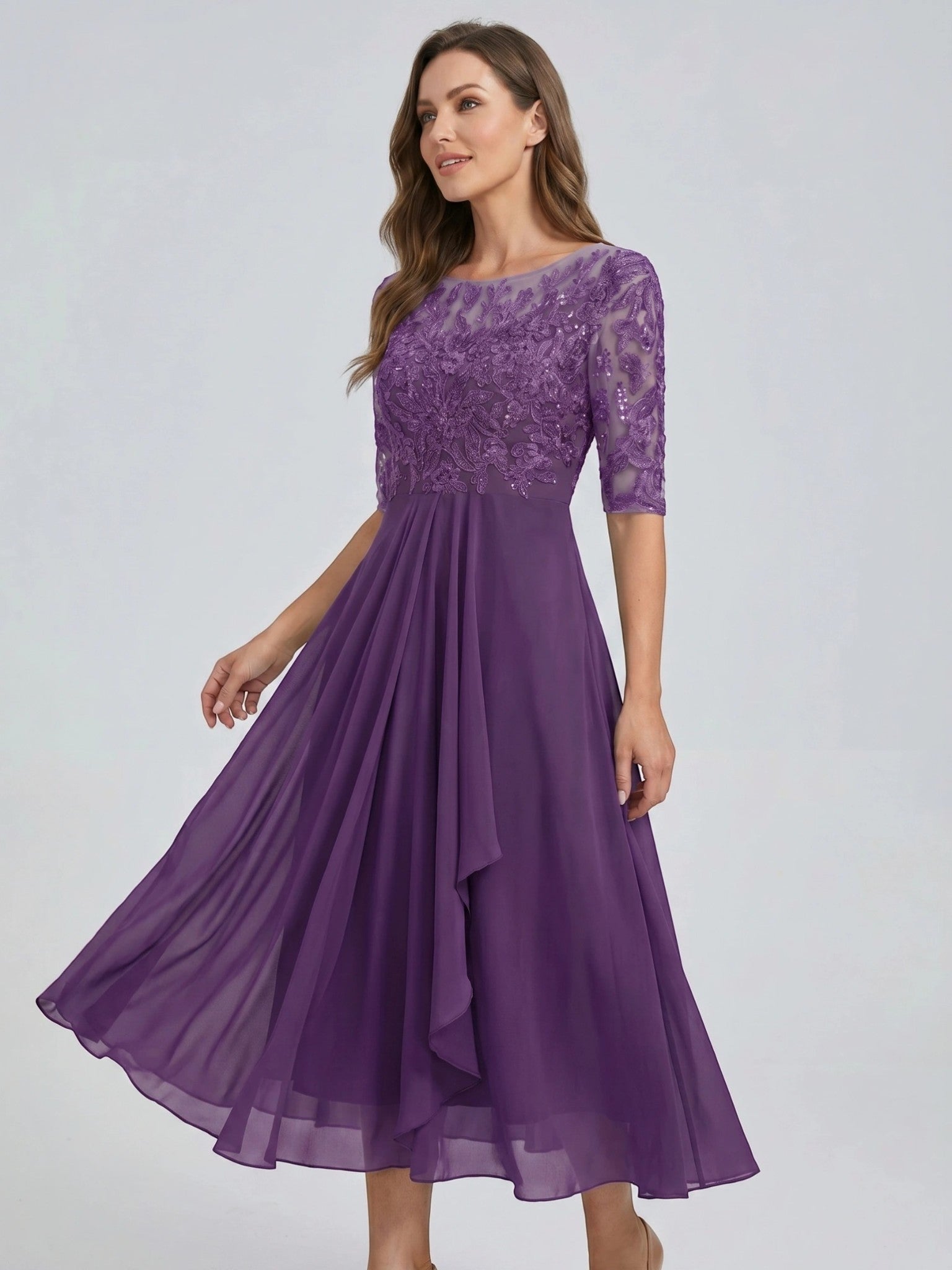 Juliette — Elegant Lace Midi Evening Dress With Flattering Flowing Skirt Purple
