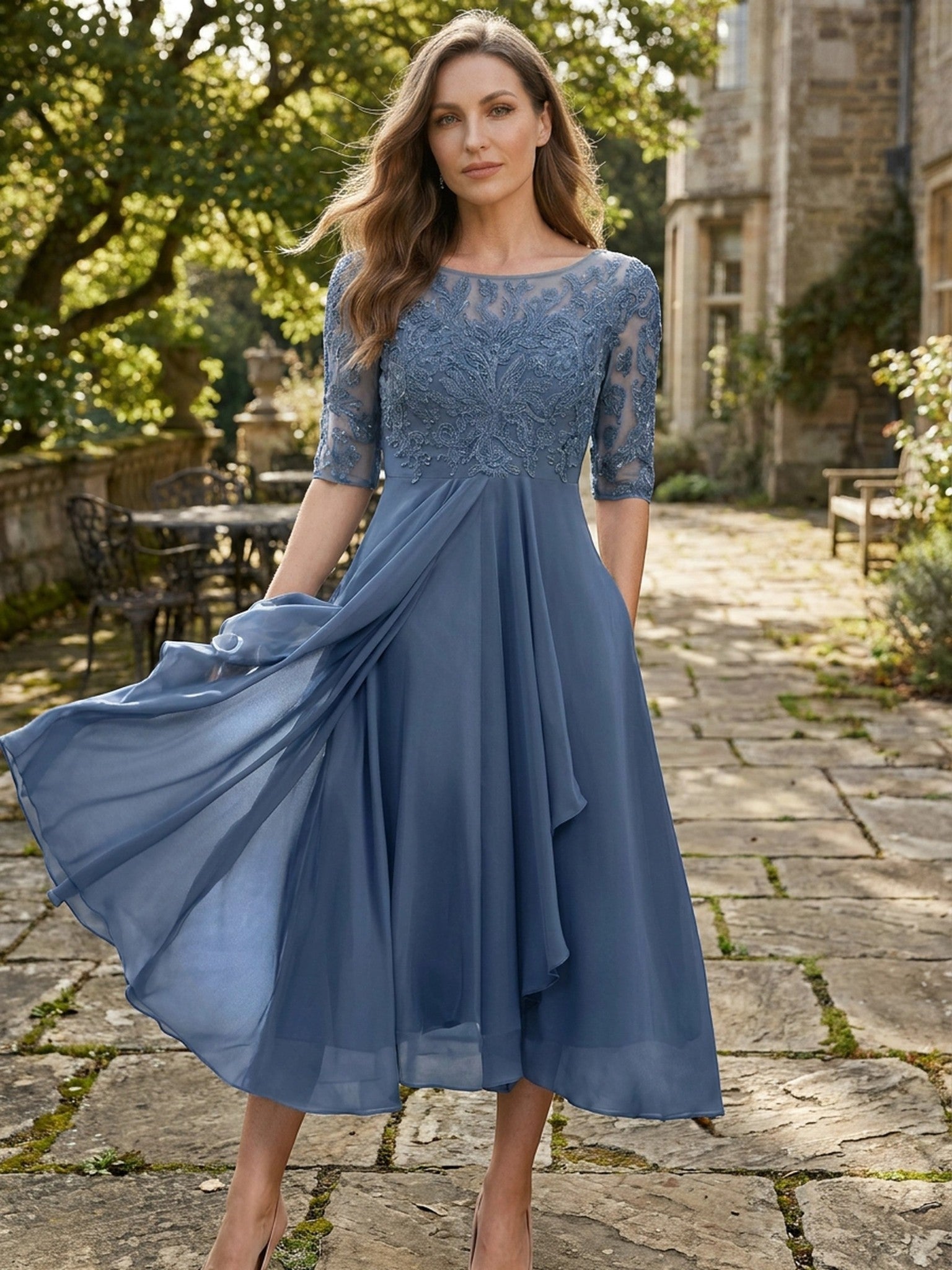 Juliette — Elegant Lace Midi Evening Dress With Flattering Flowing Skirt