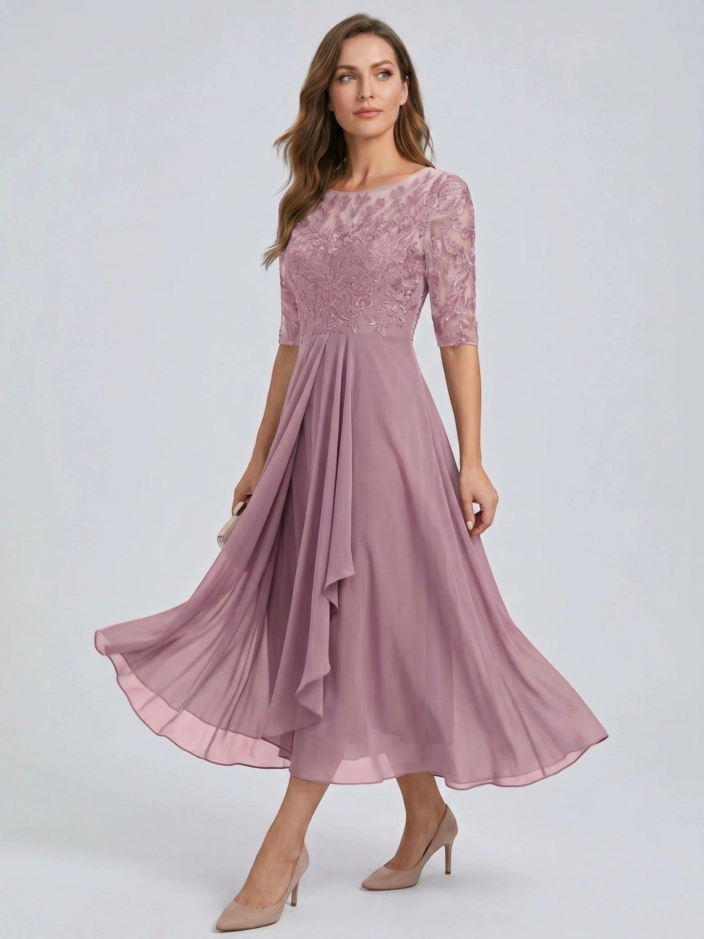 Juliette — Elegant Lace Midi Evening Dress With Flattering Flowing Skirt pink