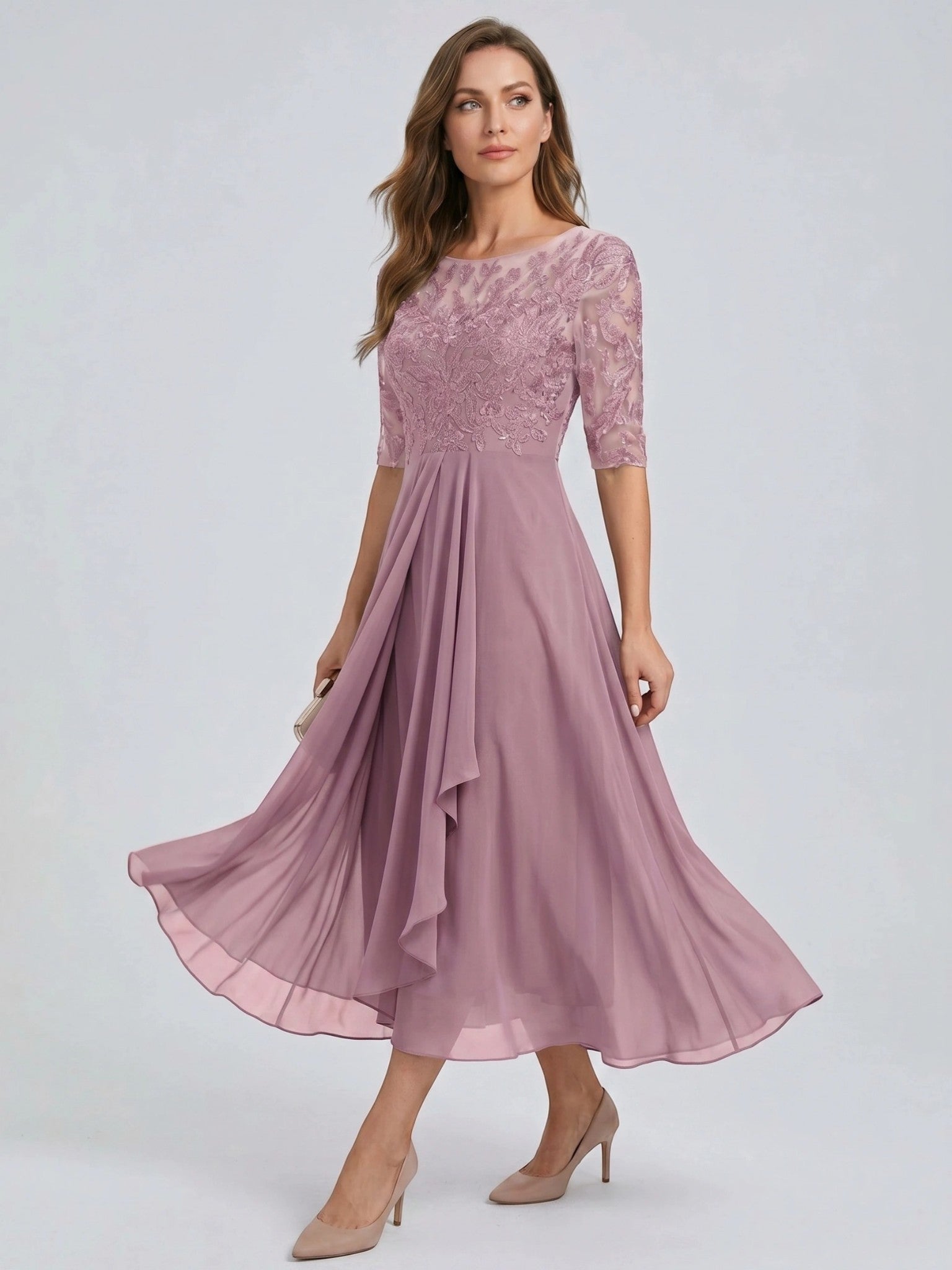 Juliette — Elegant Lace Midi Evening Dress With Flattering Flowing Skirt pink