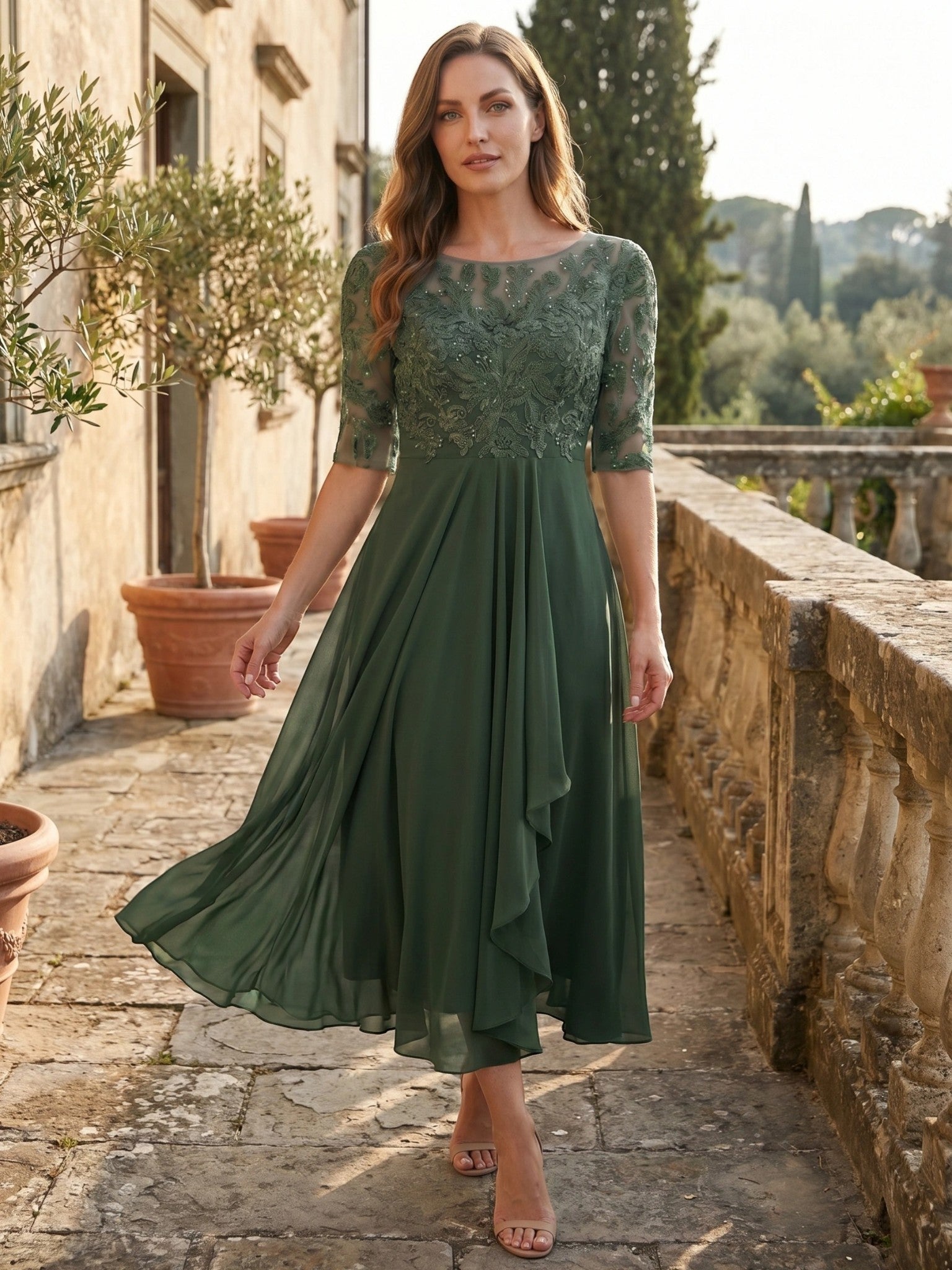 Juliette — Elegant Lace Midi Evening Dress With Flattering Flowing Skirt