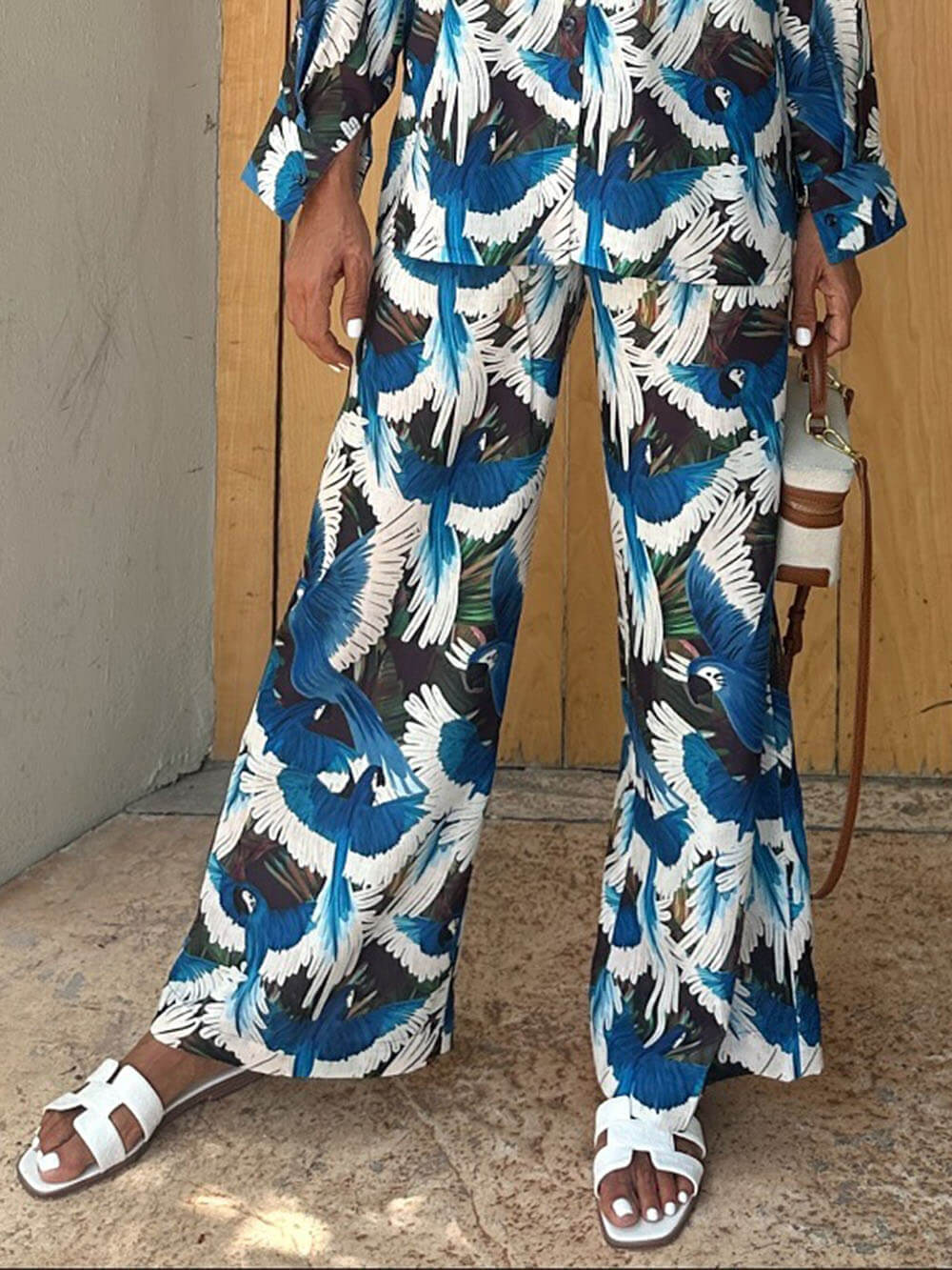 Unique Printed Elastic-Waist Wide-Leg Pants Blue