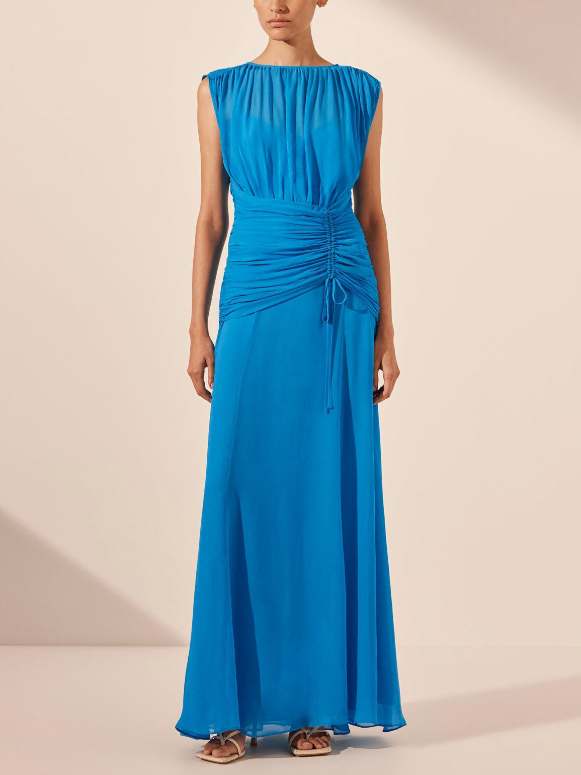 Elegant Pleated Drawstring Crew Neck Maxi Dress Blue