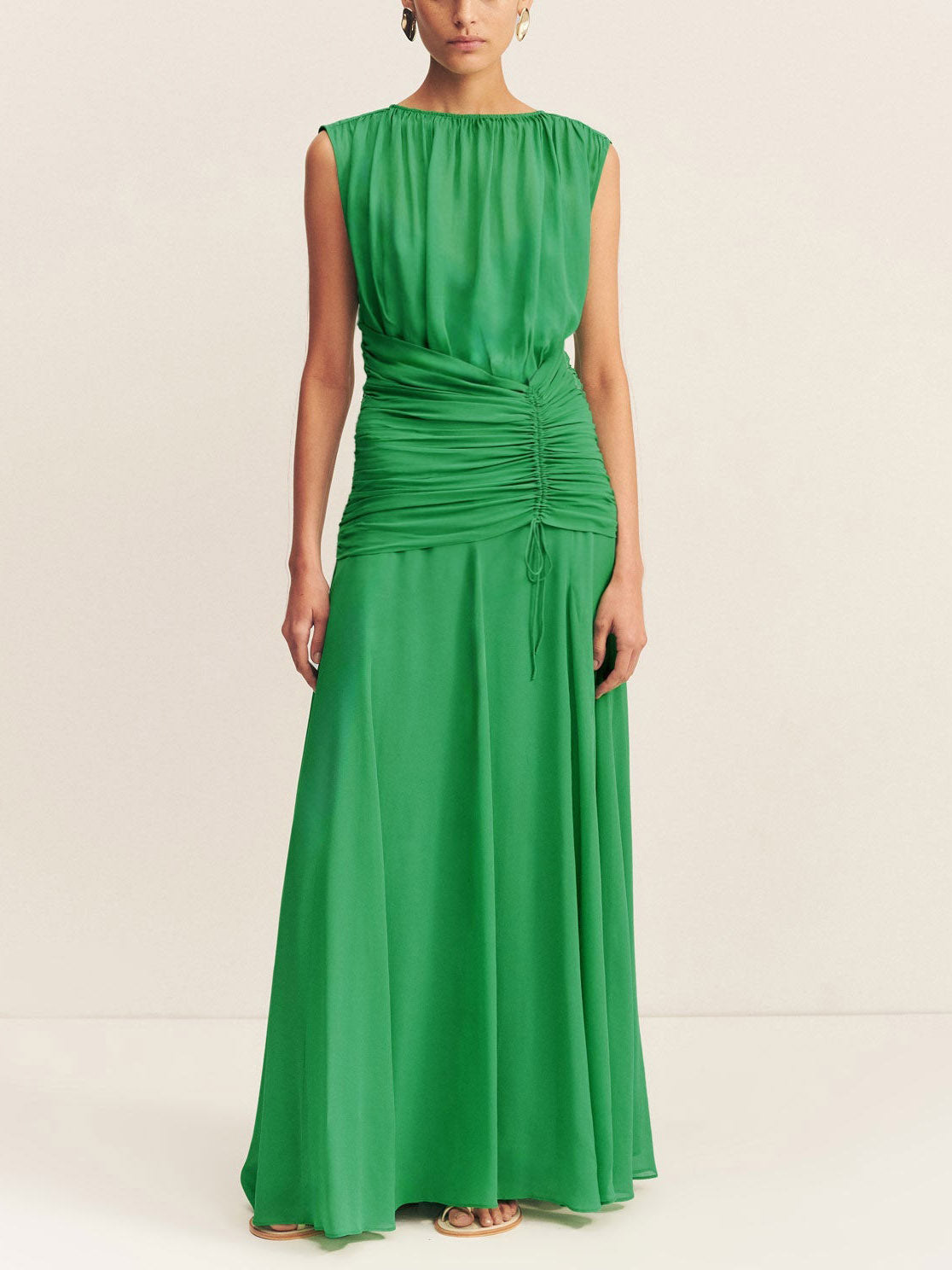 Elegant Pleated Drawstring Crew Neck Maxi Dress Green
