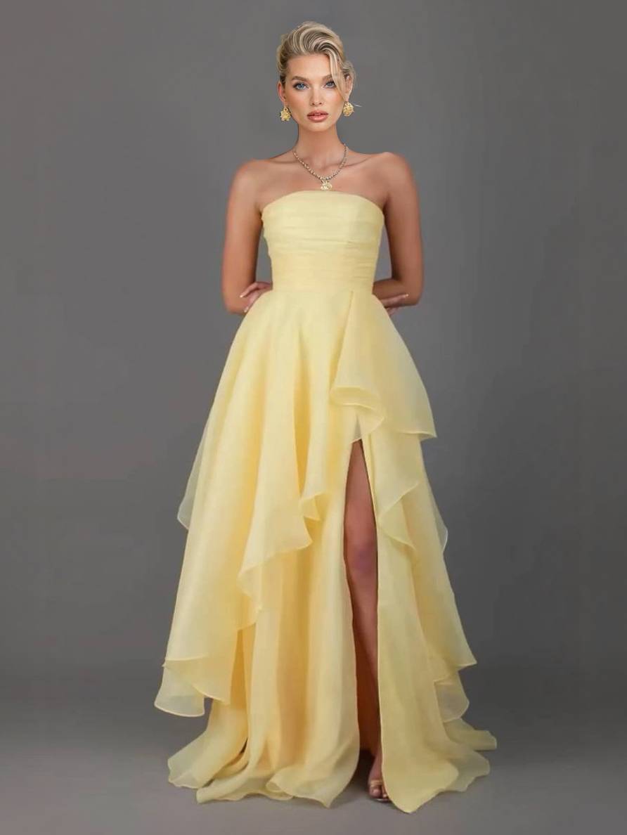 Tube Top Front Slit Multi-layer Maxi Dress Yellow