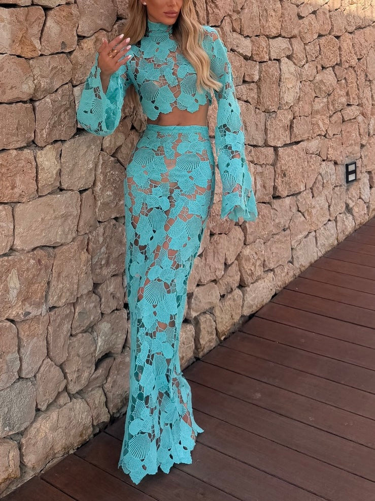 Sexy Turquoise Lace Cut-Out Two-Piece Maxi Set With Bell Sleeves