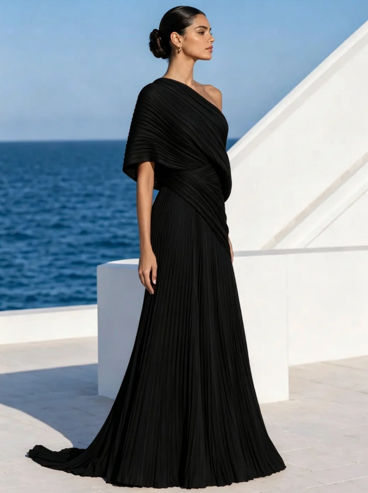 Vibrant Orange One-Shoulder Pleated Maxi Dress – Grecian Gown