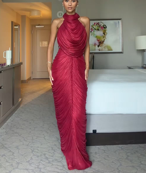 Halter Neck Metallic Pleated Mermaid Evening Gown