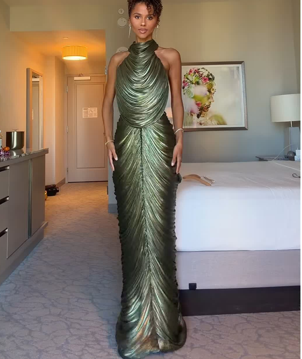 Halter Neck Metallic Pleated Mermaid Evening Gown