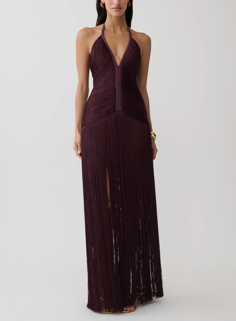 Halter Deep V Fringe Maxi Evening Gown